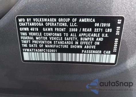 2015 Volkswagen Passat 1.8T Limited Edition из США, поврежденный, VIN 1VWAT7A36FC102601